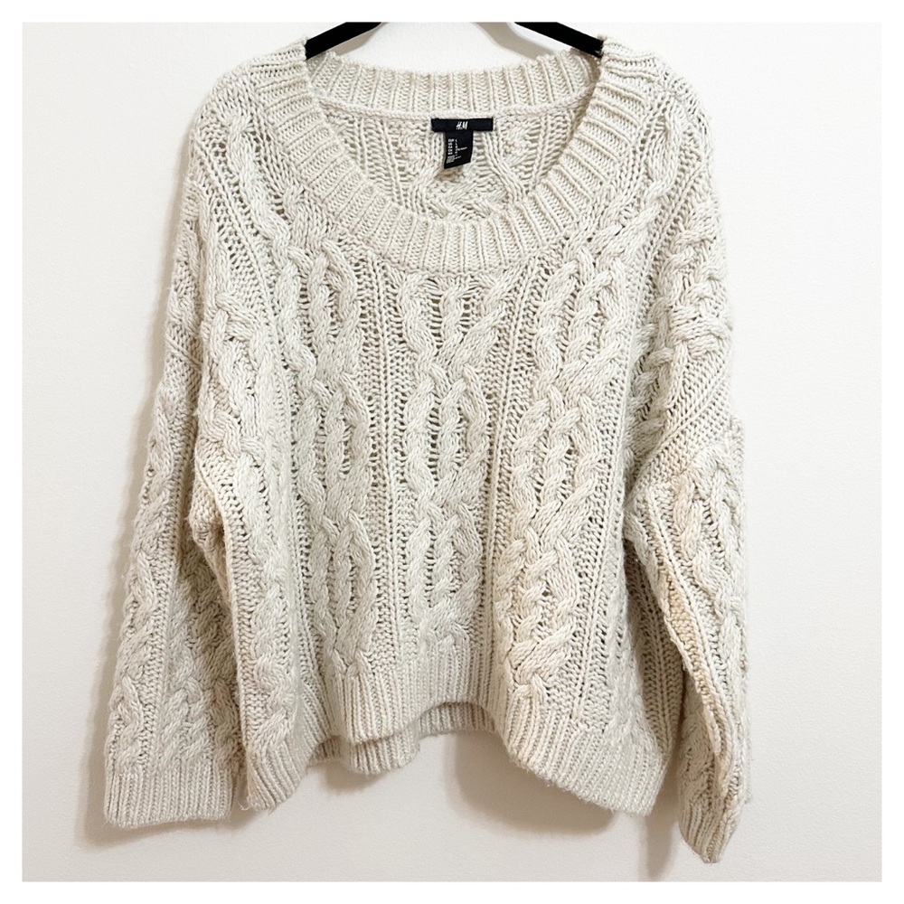 H&M Cream Wool Blend Cropped Cable Knit Sweater Large